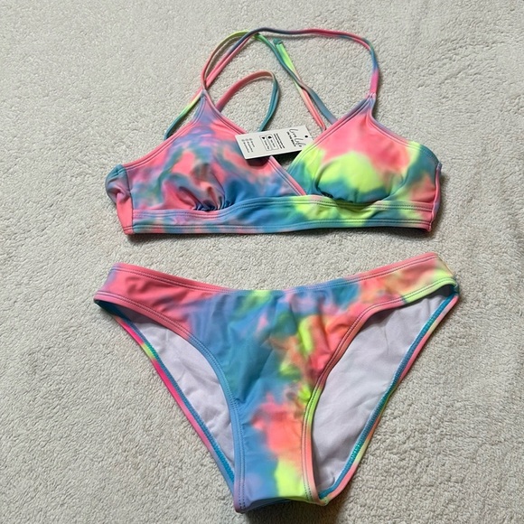 NWT! Pink yellow and blue Tie-Dye Triangle Top & Cheeky‎ Hipster Bikini Sz Large - Picture 2 of 8